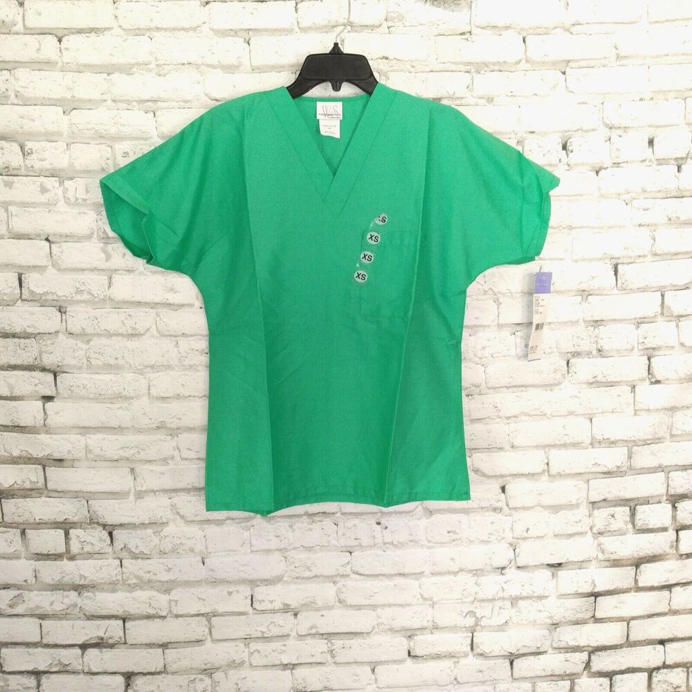 White Swan Fundamentals Scrub Top Unisex XS Green Pocket Short Sleeve V Neck
